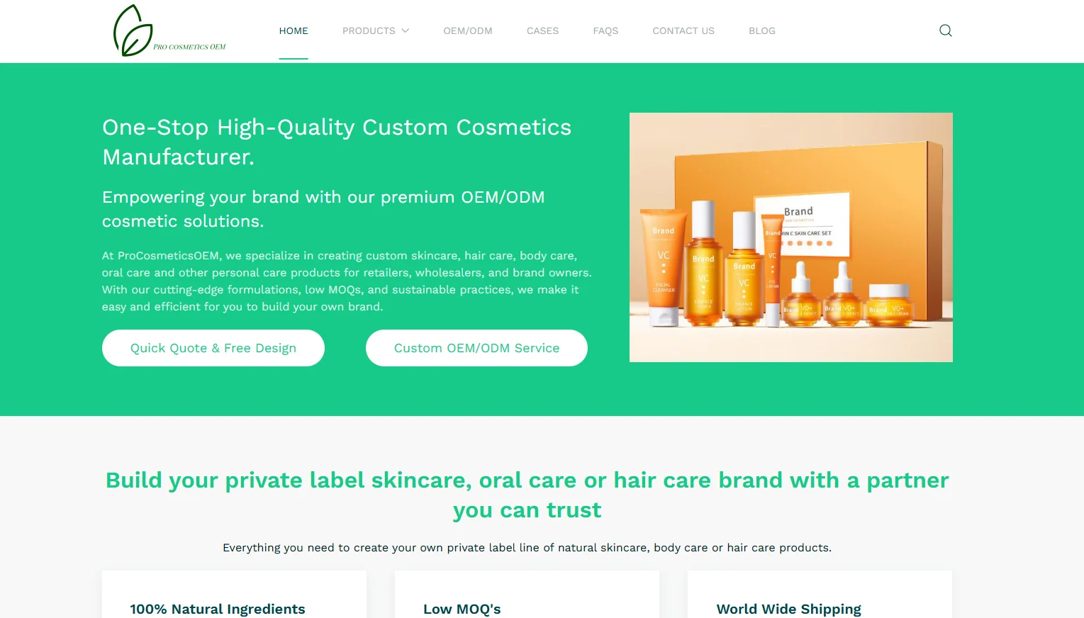 Banner showcasing custom cosmetics manufacturing services with product images and service buttons.